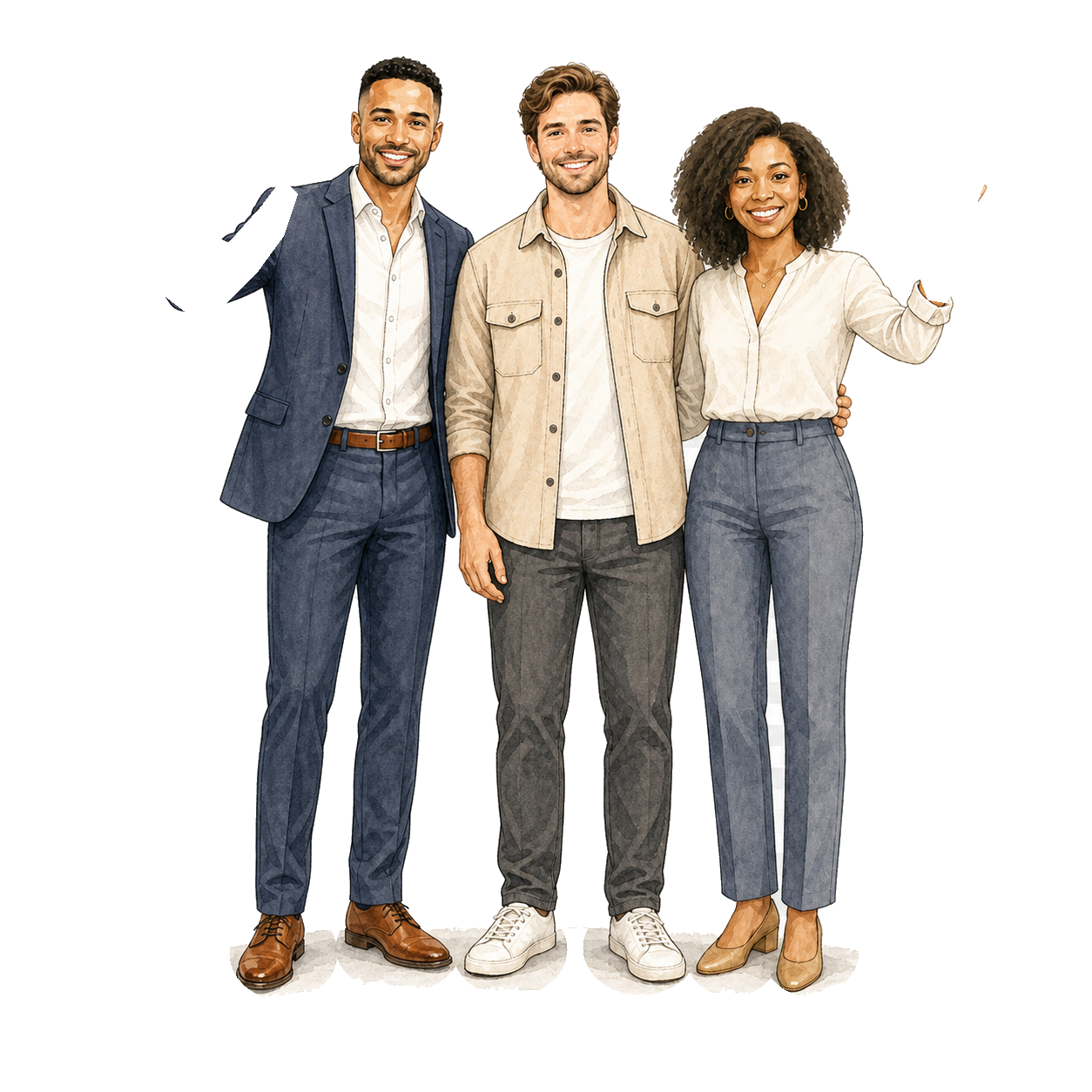 Illustrated BLEU agent and interracial homeowner couple celebrating a home closing
