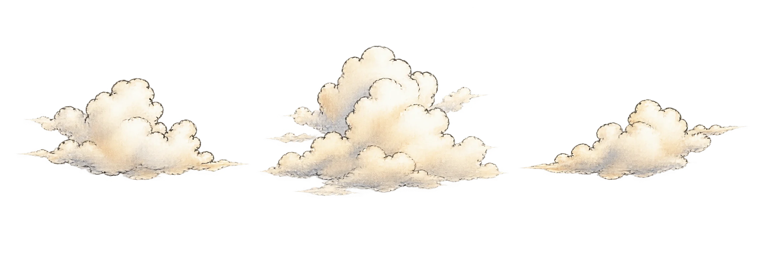 Three small warm white watercolor clouds outlined in charcoal ink.