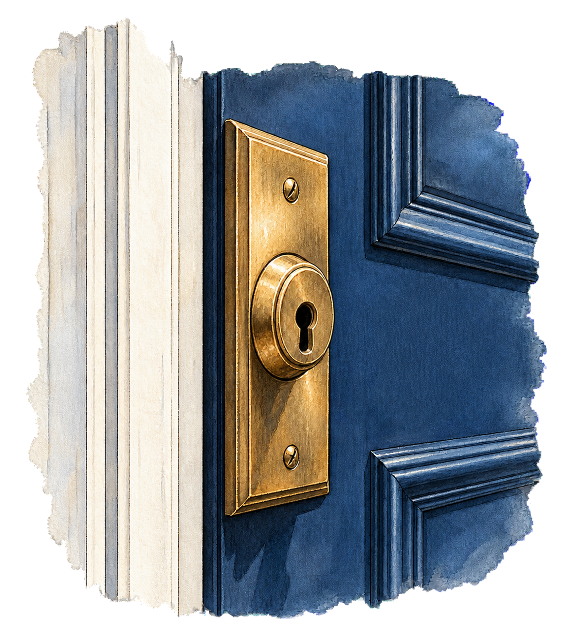 Watercolor and ink illustration of a deep navy front door with an empty brass lock.