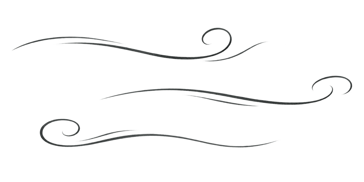 Hand-drawn charcoal breeze lines with looping curls