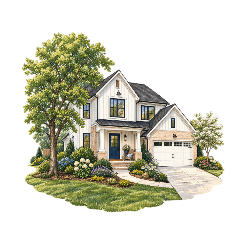 Hand-drawn illustration of a welcoming white farmhouse-style home with a navy front door and natural landscaping