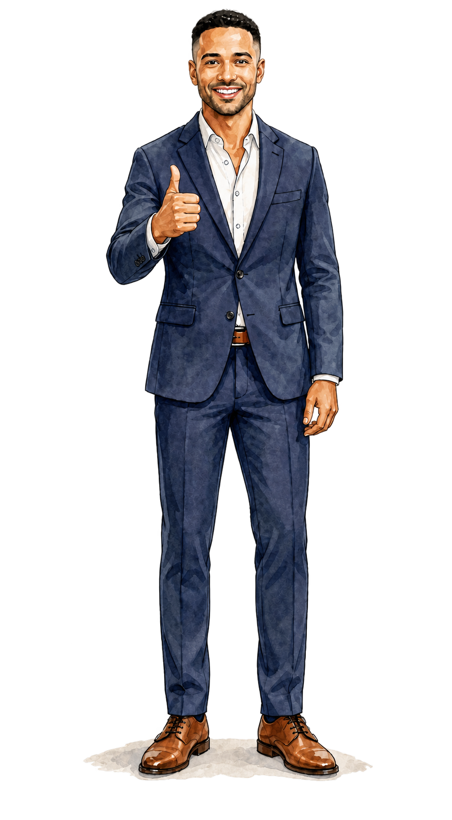 Illustrated BLEU real estate agent in a navy suit giving a thumbs-up